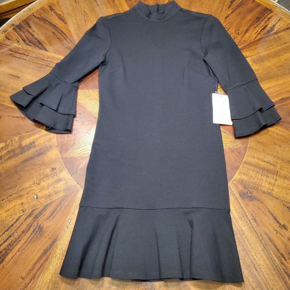 Lily White Black Dress with Ruffle Hem and Bell Sleeves Size XS